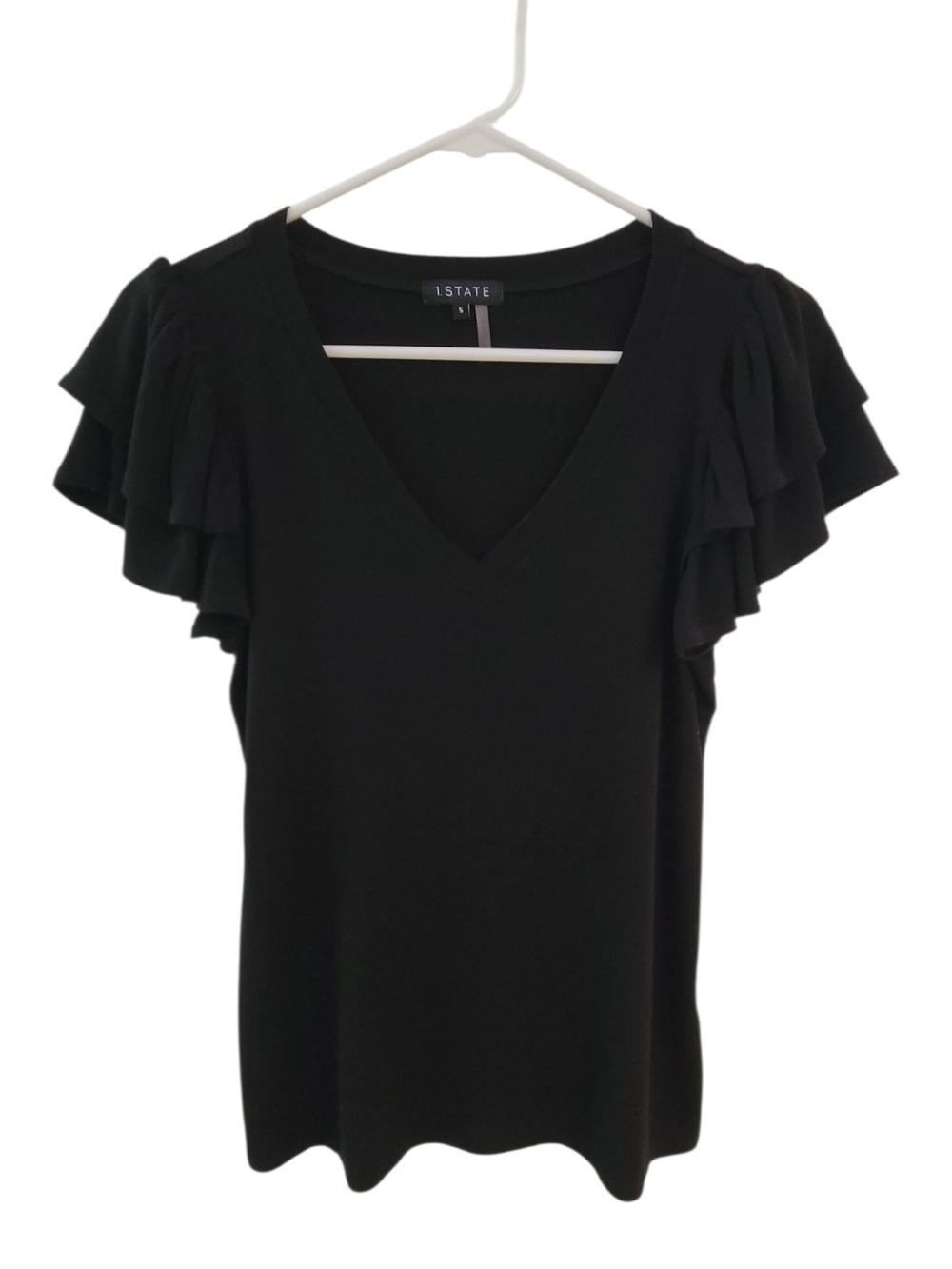 1. State Black V-Neck Top with Layered Ruffle Sleeves Feminine Lightweight